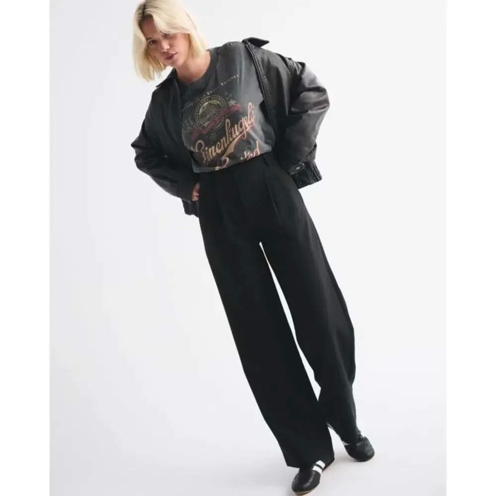 🟣$5/$25 Abercrombie & Fitch Black Wide Straight Leg Trouser Pants Size 27/4 LONG - Picture 1 of 11